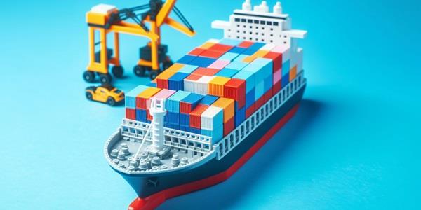 AI generated image of a containership in toy brick style on a blue background, like a product photo.